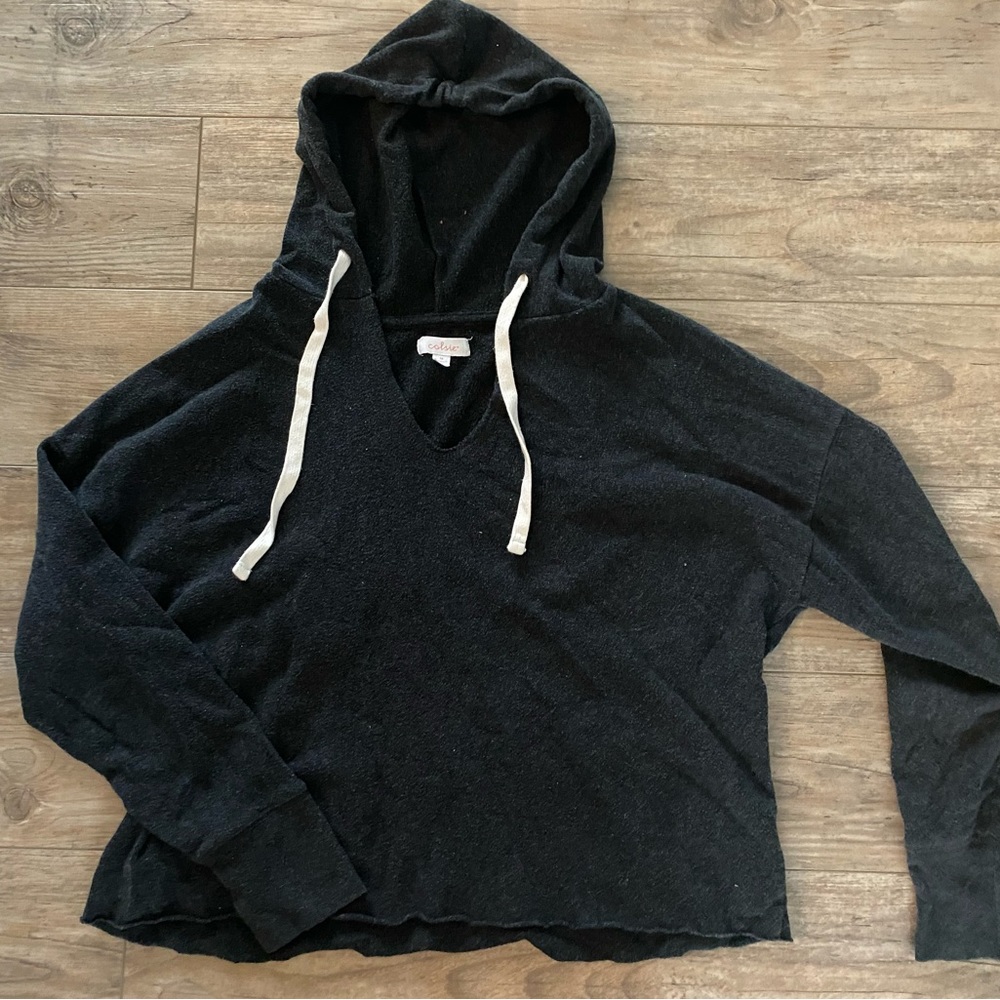 Oversized Raw Hem Crop Hooded Grey Sweatshirt